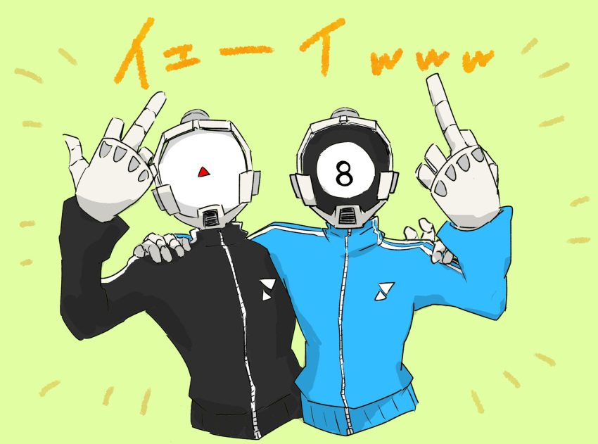 2boys arm_around_shoulder ball billiard_ball black_track_suit blue_track_suit bomb_rush_cyberfunk brothers cropped_torso curved_monitor cyberhead cyborg dot_exe green_background highres inakan1 looking_at_viewer male_focus mechanical_hands middle_finger monitor multiple_boys siblings simple_background track_suit