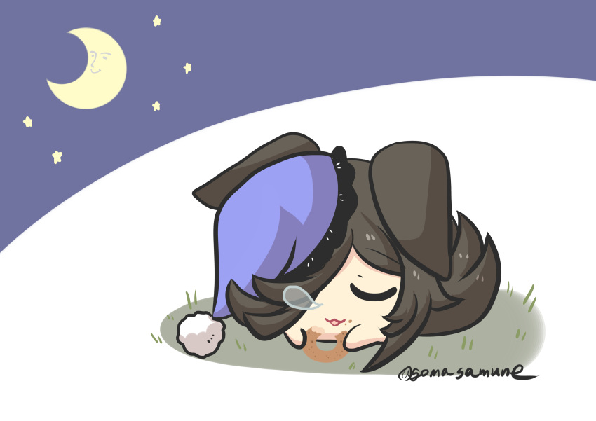 absurdres animal_ears black_hair blue_background blue_headwear closed_eyes crescent_moon doughnut food food_on_face goma_(gomasamune) hair_over_one_eye hat highres holding holding_food horse_ears horse_tail moon moon_with_face nightcap nose_bubble parted_lips rice_shower_(umamusume) shadow sleeping solo star_(symbol) tail tilted_headwear twitter_username two-tone_background umamusume white_background