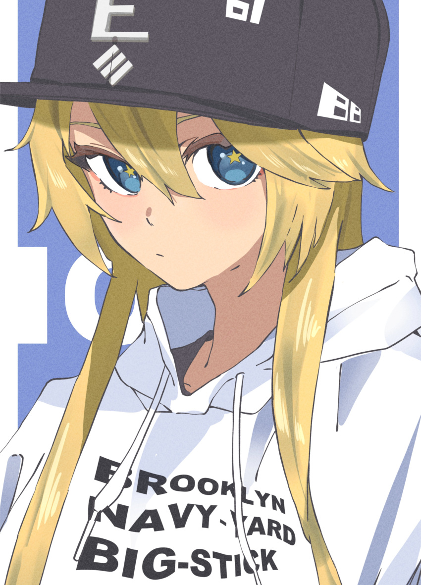 1girl absurdres alternate_costume baseball_cap black_headwear blonde_hair blue_eyes closed_mouth clothes_writing commentary drawstring hair_between_eyes hat hato_kan highres hood hood_down hoodie iowa_(kancolle) kantai_collection long_hair looking_at_viewer simple_background solo star-shaped_pupils star_(symbol) symbol-only_commentary symbol-shaped_pupils upper_body white_hoodie