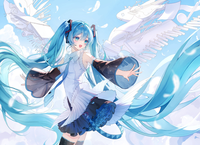 1girl :d absurdres bare_shoulders bass_guitar black_skirt black_thighhighs blue_eyes blue_hair blue_necktie blue_sky blush book bow_(music) breasts clouds day detached_sleeves feathers frilled_skirt frills hatsune_miku highres instrument long_hair long_sleeves looking_back necktie number_tattoo open_book open_mouth osage_(8545675) outdoors paintbrush paper petticoat piano_keys scissors see-through see-through_sleeves shirt shoulder_tattoo skirt sky small_breasts smile solo striped tattoo thigh-highs vertical_stripes very_long_hair vocaloid white_shirt wide_sleeves wings yarn yarn_ball zettai_ryouiki