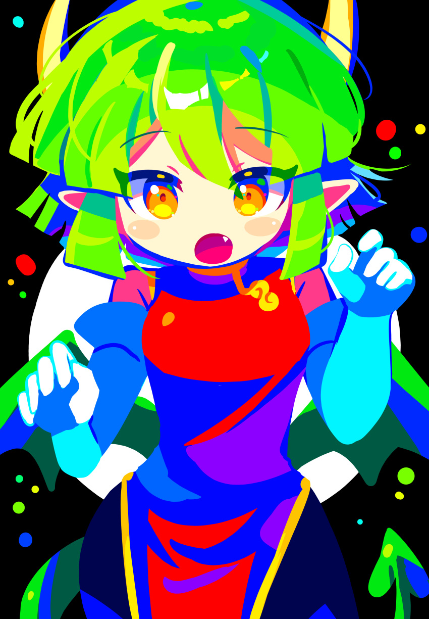 1girl absurdres black_pants blush breasts brown_eyes china_dress chinese_clothes draco_centauros dragon_girl dragon_horns dragon_tail dragon_wings dress elbow_gloves fang gloves green_hair highres horns looking_at_viewer medium_breasts offbeat open_mouth pants pointy_ears puyopuyo red_dress solo tail white_gloves wings