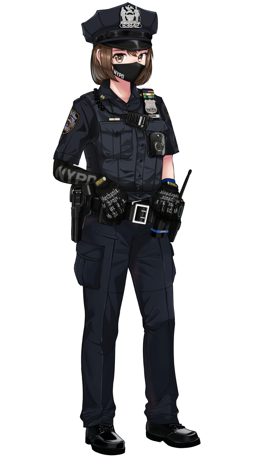 1girl absurdres arm_warmers badge belt black_footwear black_pants black_shirt body_cam brown_eyes brown_hair commentary english_text full_body gloves gun highres jizi mask mechanix_wear mouth_mask new_york new_york_city_police_department original pants police police_badge police_uniform shirt shoes short_hair short_sleeves simple_background standing uniform united_states walkie-talkie weapon