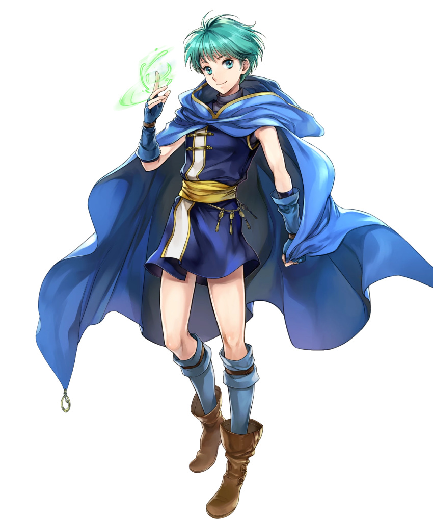 1boy asbel_(fire_emblem) blue_gloves blue_tunic boots brown_footwear cape closed_mouth fingerless_gloves fire_emblem fire_emblem:_thracia_776 fire_emblem_heroes full_body gloves green_eyes green_hair highres holding holding_cape holding_clothes knees looking_at_viewer short_hair smile solo standing transparent_background wada_sachiko
