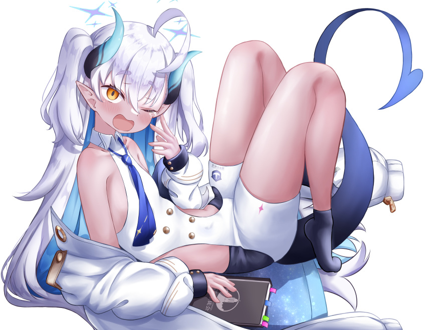 1girl ;o absurdres arm_support blue_archive blue_necktie colored_inner_hair commentary_request dark-skinned_female dark_skin demon_girl demon_horns demon_tail hair_between_eyes halo highres horns kuma_piv long_hair long_sleeves looking_at_viewer lying multicolored_hair necktie on_back one_eye_closed orange_eyes pointy_ears school_uniform sidelocks simple_background sleepy solo sumomo_(blue_archive) tail thick_eyebrows two-tone_hair two_side_up white_background white_hair yawning