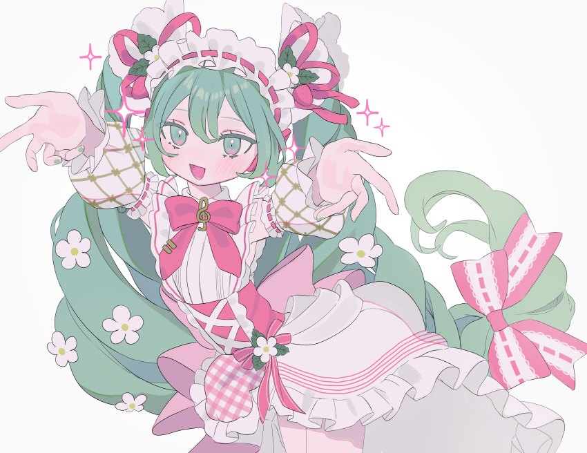 1girl absurdres aqua_eyes aqua_hair blush bow bowtie detached_sleeves dress drill_hair flower frilled_hairband frills hair_flower hair_ornament hairband hakudaku hatsune_miku highres long_hair open_mouth outstretched_arms pink_bow pink_bowtie simple_background smile solo sparkle strawberry_miku_(morikura) treble_clef twin_drills very_long_hair vocaloid white_background
