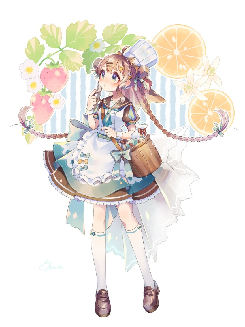 1girl blue_bow blue_eyes blush bow braid brown_footwear brown_hair chef_hat closed_mouth green_eyes hair_ornament hairclip hat highres index_finger_raised kneehighs long_hair multicolored_eyes original short_sleeves socks sorata123 twin_braids white_headwear white_socks