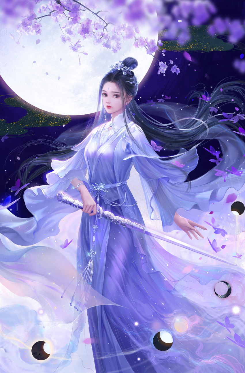 1girl absurdres against_the_gods black_hair bracelet bug butterfly chinese_clothes crescent_moon earrings flower full_moon hair_ornament highres holding holding_sword holding_weapon jewelry long_hair moon official_art purple_moon sword violet_eyes weapon xia_qingyue_(against_the_gods)