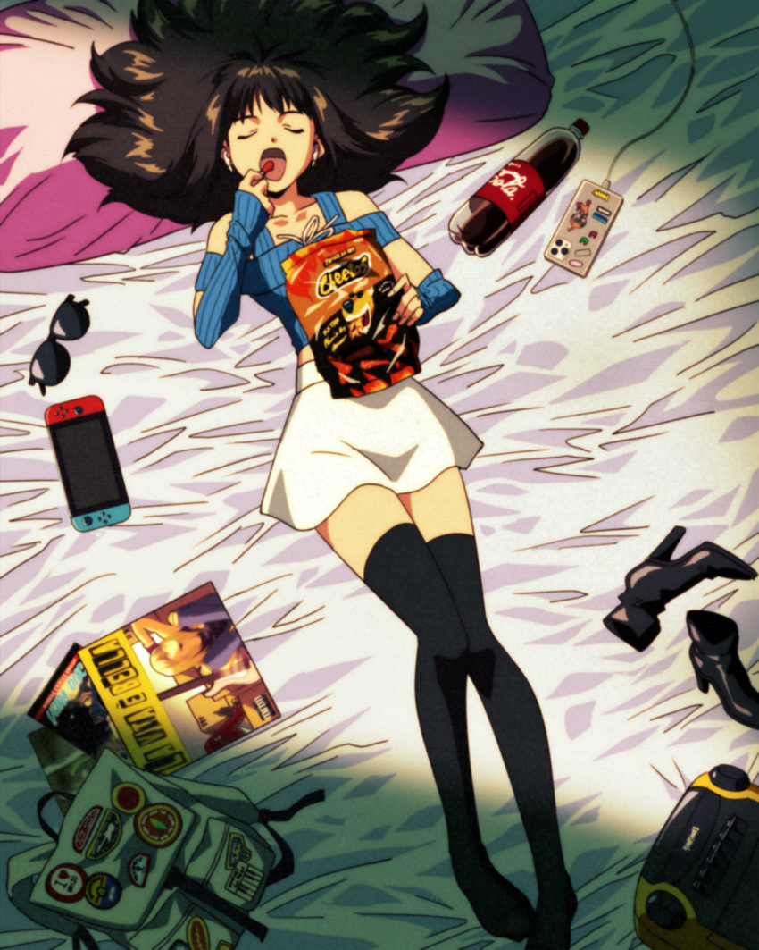 1990s_(style) 1girl backpack bag bed boots brown_hair cellphone charger cheetos chester_cheetah closed_eyes coca-cola eating high_heel_boots high_heels highres long_hair nintendo_switch original phone pillow retro_artstyle smartphone soda_bottle solo sunglasses thigh-highs yoodotann