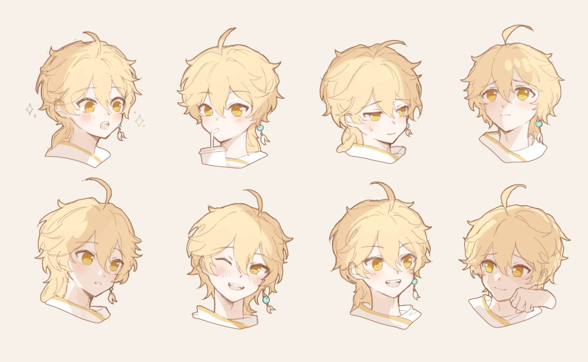 1boy :o ;d aether_(genshin_impact) ahoge blonde_hair blush drinking_straw earrings expressions genshin_impact hair_between_eyes highres jewelry kiri_(sunny-ziyun) looking_at_viewer male_focus one_eye_closed parted_lips short_hair_with_long_locks simple_background smile sweat teeth upper_teeth_only white_background yellow_eyes