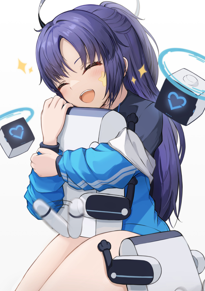 1girl absurdres blue_archive blue_hair blue_jacket blue_shirt blush closed_eyes commentary_request halo highres jacket jacket_partially_removed long_hair long_sleeves mechanical_halo object_hug official_alternate_costume okatabu open_mouth parted_bangs ponytail robot shirt simple_background smile solo star_sticker sticker_on_face teeth thighs upper_teeth_only white_background yuuka_(blue_archive) yuuka_(track)_(blue_archive)