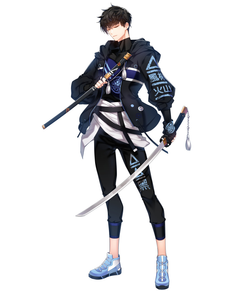 1boy absurdres black_gloves black_hair black_jacket black_pants black_shirt blue_footwear chulsoo_kim_(closers) closed_eyes closers clothes_writing fingerless_gloves full_body gloves hand_up highres holding holding_sheath holding_sword holding_weapon hood hood_down hooded_jacket jacket katana legs_apart long_sleeves looking_at_viewer male_focus official_art open_clothes open_jacket pants parted_lips puffy_long_sleeves puffy_sleeves sheath shirt shoes short_hair sneakers solo standing sword tachi-e tassel two-tone_shirt unsheathed weapon white_background white_shirt