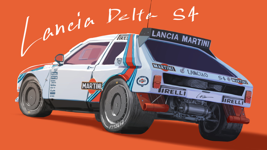 car english_text exhaust_pipe highres lancia_(brand) lancia_delta_s4 motor_vehicle no_humans orange_background product_placement race_vehicle racecar rally_car shadow simana simple_background spoiler_(automobile) vehicle_focus white_car world_rally_championship