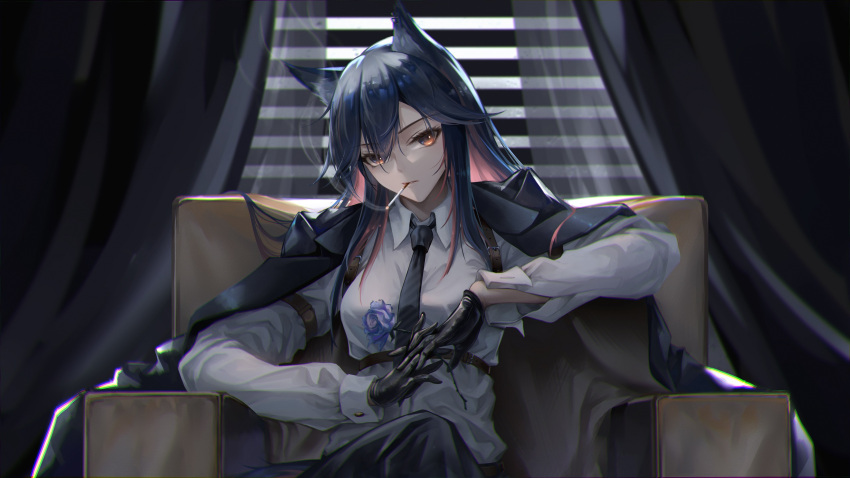 1girl animal_ears arknights armchair black_coat black_gloves black_hair black_necktie blue_flower blue_rose chair cigarette coat coat_on_shoulders collared_shirt colored_inner_hair curtains flower gloves highres holding holding_flower indoors long_hair long_sleeves looking_at_viewer multicolored_hair necktie orange_eyes own_hands_together parted_lips pink_hair rose shirt sitting solo texas_(arknights) two-tone_hair white_shirt window wolf_ears z_05