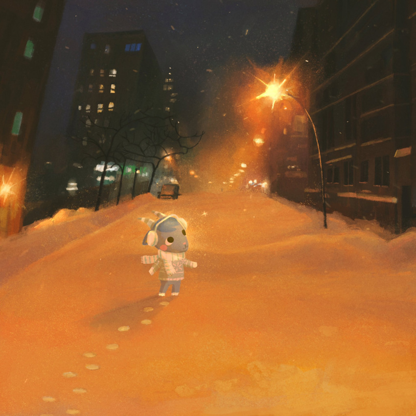 animal_crossing black_eyes blue_hair blush building closed_mouth commentary earmuffs fawn_(fawnyawns) full_body grey_sweater headphones highres lamppost long_sleeves night outdoors road scarf scenery sherb_(animal_crossing) short_hair sky snow snowing standing street sweater symbol-only_commentary white_scarf winter