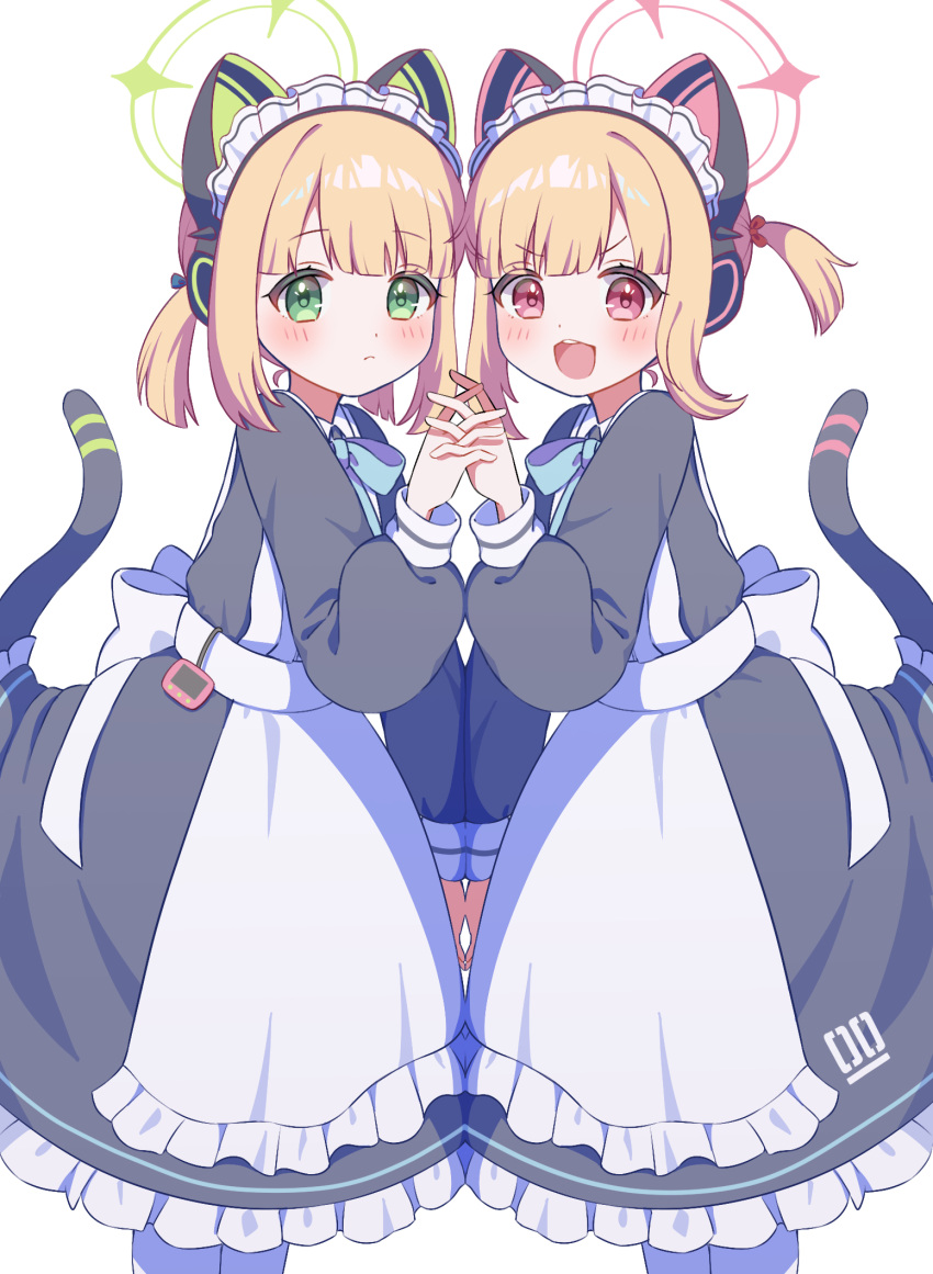 2girls animal_ear_headphones animal_ears apron black_dress blue_archive blue_ribbon blush cat_ear_headphones cat_tail commentary_request dress fake_animal_ears feet_out_of_frame green_eyes green_halo halo headphones highres holding_hands long_sleeves looking_at_viewer maid maid_apron maid_headdress midori_(blue_archive) midori_(maid)_(blue_archive) momoi_(blue_archive) momoi_(maid)_(blue_archive) multiple_girls neck_ribbon one_side_up open_mouth orange_hair pink_eyes pink_halo puffy_long_sleeves puffy_sleeves punapuraaa ribbon short_hair sidelocks simple_background smile standing tail white_apron white_background