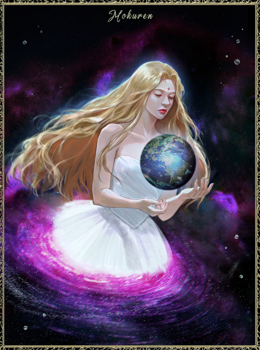 1girl blonde_hair boku_no_chikyuu_o_mamotte border character_name closed_eyes closed_mouth dress earth_(planet) facial_mark forehead_mark highres mokuren planet red_lips solo space vijoux white_dress