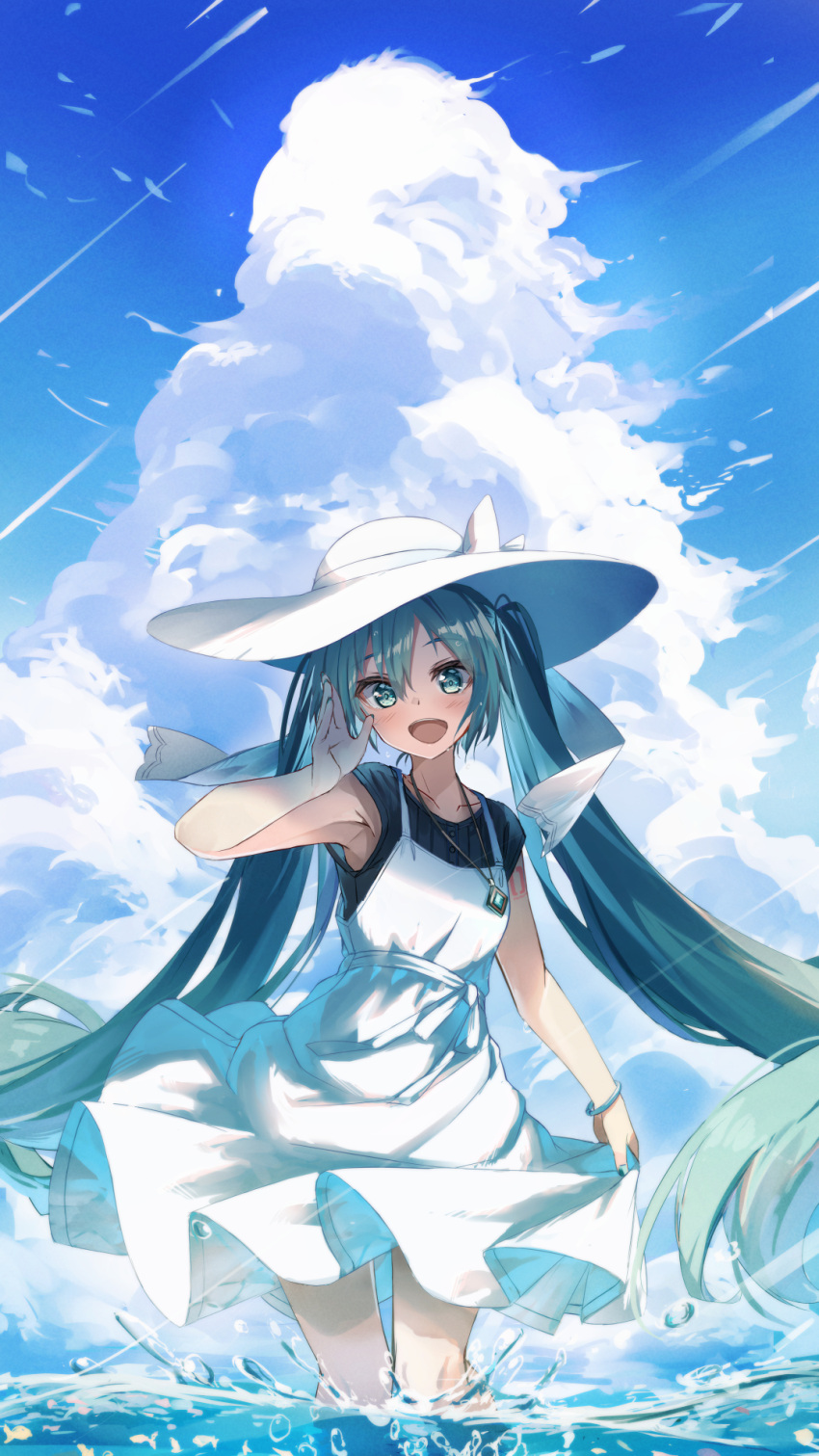 1girl :d bare_shoulders black_shirt blue_eyes blue_hair blue_nails blue_sky blush bow bracelet clouds cloudy_sky collarbone cumulonimbus_cloud daidou_(demitasse) day dot_nose dress hair_between_eyes hair_bow hand_up hat hatsune_miku highres jewelry layered_clothes legs_together long_hair looking_at_viewer meteor_shower nail_polish open_hand open_mouth outdoors pendant pleated_dress shirt sidelocks skirt_hold sky sleeveless sleeveless_dress sleeveless_shirt smile solo sundress thigh_gap twintails very_long_hair vocaloid wading water water_drop white_bow white_dress white_headwear