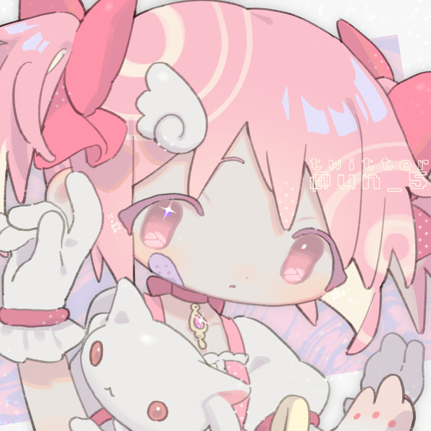 1girl 1other :3 absurdres bandaid bandaid_on_face bow center_frills chibi choker commentary_request dot_nose frills gloves hair_bow hands_up highres kaname_madoka kyubey looking_at_viewer mahou_shoujo_madoka_magica parted_lips pink_eyes pink_hair puffy_short_sleeves puffy_sleeves red_bow red_eyes red_ribbon ribbon ribbon_choker short_sleeves short_twintails solo_focus soul_gem sparkling_eyes tendoshi twintails twitter_username white_fur white_gloves wing_hair_ornament