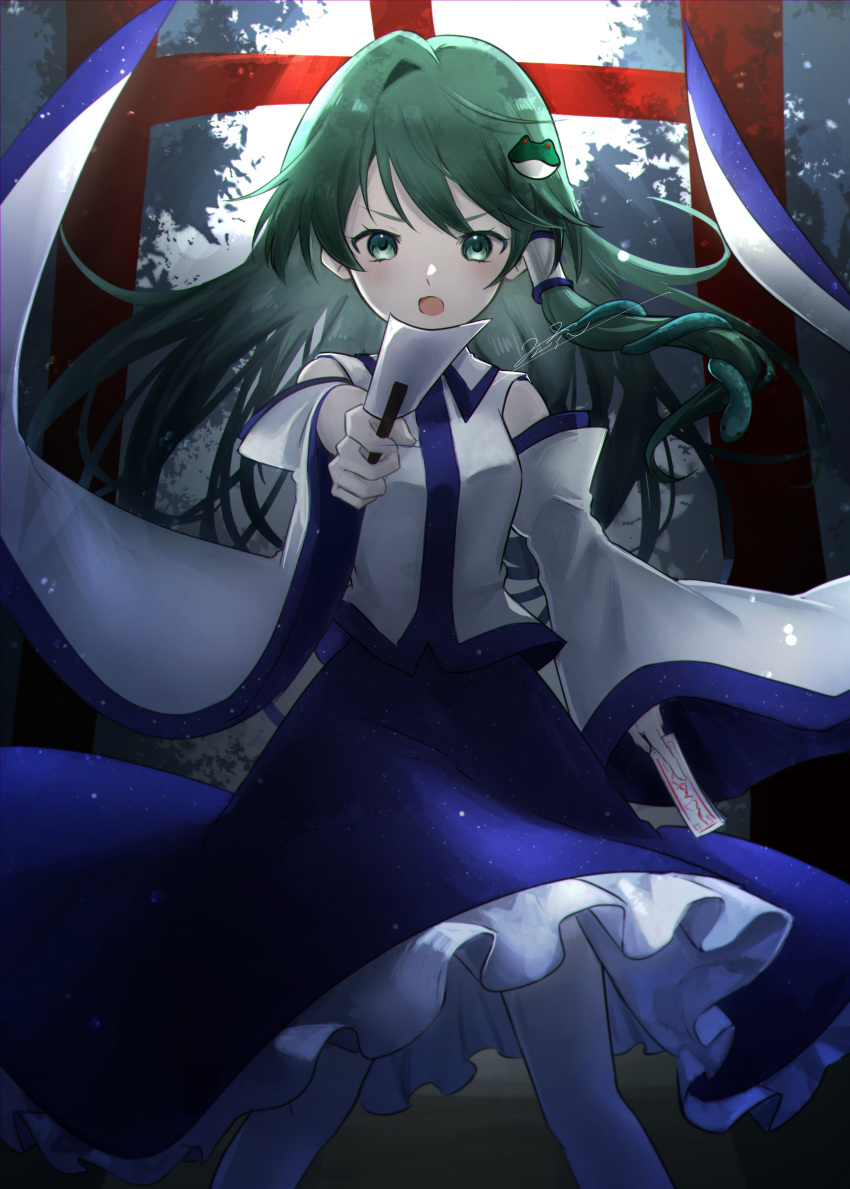 1girl absurdres bare_shoulders blue_skirt blush detached_sleeves feet_out_of_frame foreshortening frilled_skirt frills frog_hair_ornament green_eyes green_hair hair_ornament highres japanese_clothes kochiya_sanae long_hair looking_at_viewer nontraditional_miko open_mouth rokuya_(68_zusao) signature skirt snake_hair_ornament solo torii touhou white_sleeves wide_sleeves
