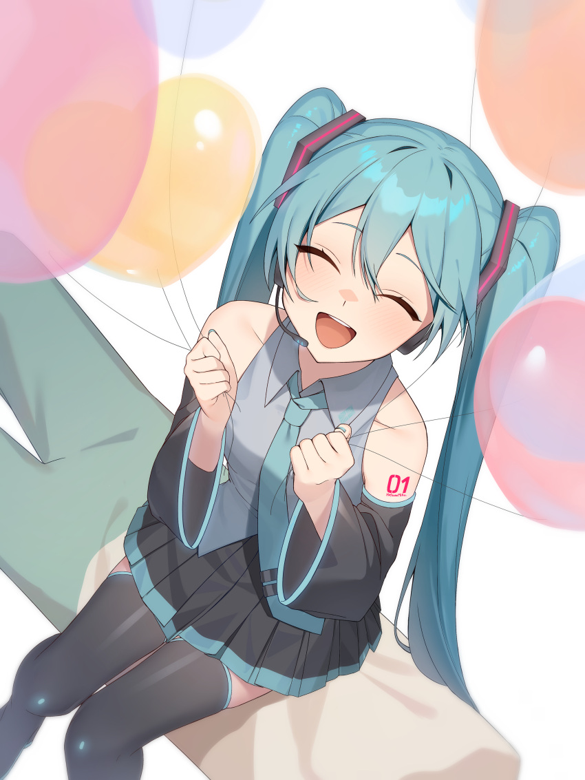 1girl absurdres aqua_hair balloon black_skirt black_thighhighs closed_eyes commentary_request detached_sleeves facing_viewer grey_shirt hatsune_miku highres holding holding_balloon kayuioekaki long_hair long_sleeves number_tattoo open_mouth shirt simple_background sitting skirt sleeveless sleeveless_shirt smile solo tattoo teeth thigh-highs twintails upper_teeth_only vocaloid white_background zettai_ryouiki