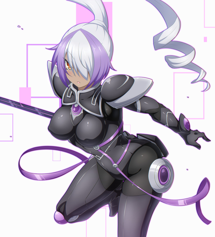 1girl armor ass black_bodysuit bodysuit breasts danpu dark-skinned_female dark_skin drill_hair drill_ponytail duel_monster groin hair_over_one_eye highres holding holding_weapon large_breasts long_bangs looking_at_viewer multicolored_hair orange_eyes parted_bangs ponytail purple_hair short_hair shoulder_armor simple_background skin_tight sky_striker_ace_-_azalea solo solo_focus swept_bangs sword weapon white_hair wide_hips yu-gi-oh!