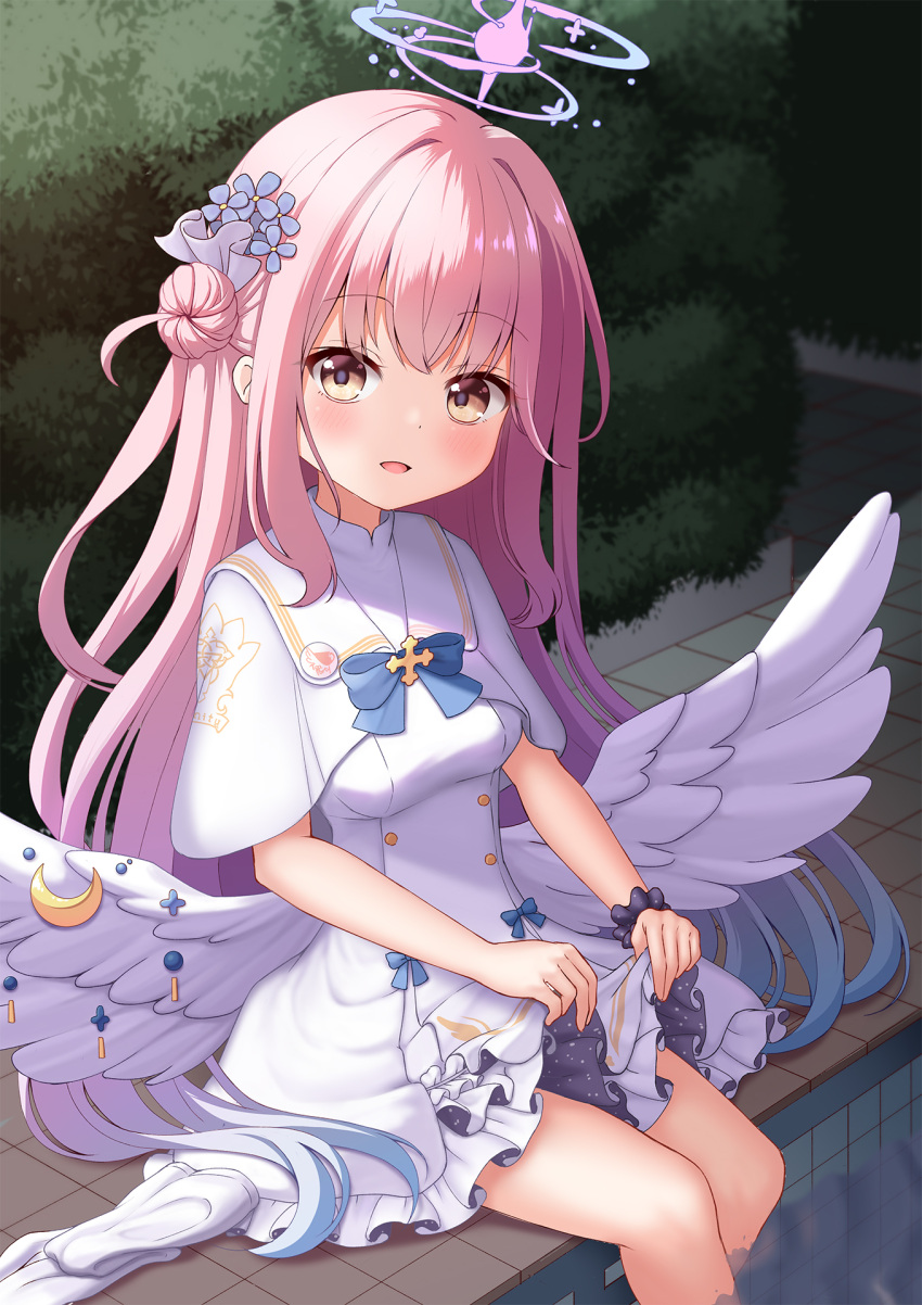1girl :d angel_wings azel_(laevateinn495) blue_archive blue_bow blue_bowtie blunt_bangs blurry bow bowtie bush capelet clothes_lift depth_of_field dress dress_lift feathered_wings flower frilled_dress frills hair_bun hair_flower hair_ornament hair_scrunchie halo highres lifted_by_self long_hair looking_at_viewer mika_(blue_archive) mixed-language_commentary one_side_up outdoors parted_lips pink_hair pool poolside school_uniform scrunchie sidelocks single_side_bun sitting smile solo white_capelet white_dress white_wings wings wrist_scrunchie yellow_eyes