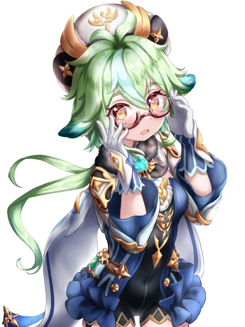 1girl absurdres adjusting_eyewear animal_ear_fluff animal_ears cape cat_ears cat_girl commentary_request droopy_ears genshin_impact glasses gloves green_hair hair_between_eyes highres kuma_piv long_hair long_sleeves looking_at_viewer low_ponytail multicolored_hair sidelocks simple_background solo streaked_hair sucrose_(genshin_impact) two-tone_hair vision_(genshin_impact) white_background white_cape white_gloves