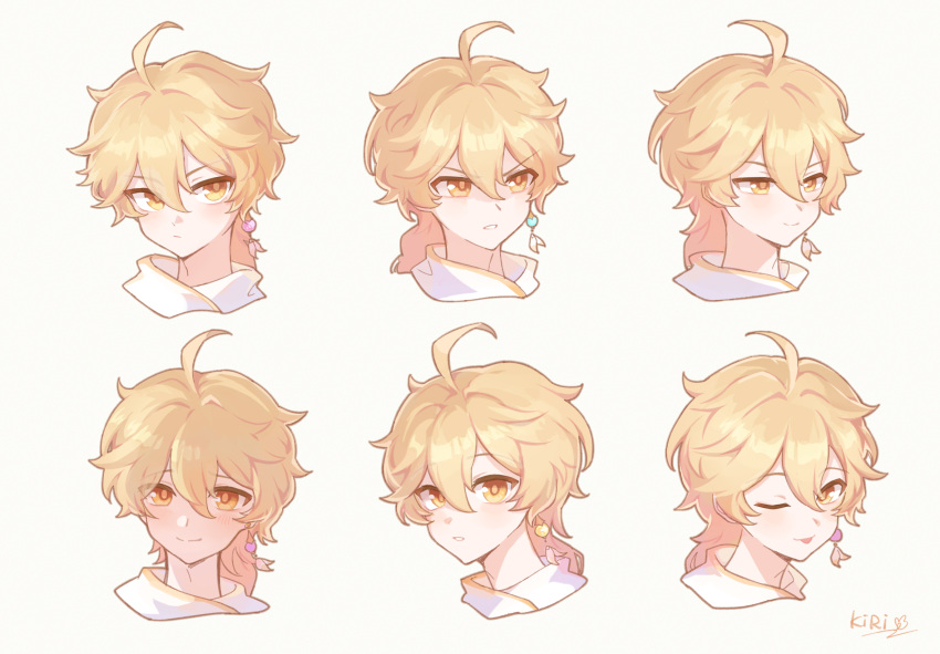 1boy ;p aether_(genshin_impact) ahoge blonde_hair blush closed_mouth earrings genshin_impact hair_between_eyes highres jewelry kiri_(sunny-ziyun) looking_at_viewer male_focus one_eye_closed parted_lips scarf short_hair_with_long_locks simple_background smile tongue tongue_out white_background white_scarf yellow_eyes