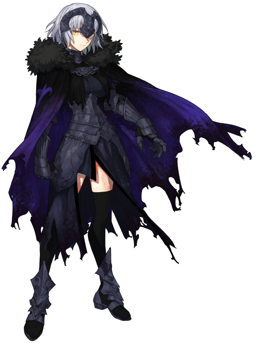 1girl absurdres armor armored_boots armored_dress black_armor black_dress black_thighhighs boots cape chain closed_mouth dress expressionless fate/samurai_remnant fate_(series) full_body fur-trimmed_cape fur_trim gauntlets grey_hair half-closed_eyes highres jeanne_d'arc_alter_(fate) looking_at_viewer official_art plackart purple_cape sakamoto_maaya short_hair simple_background solo thigh-highs torn_cape torn_clothes transparent_background wataru_rei white_background yellow_eyes