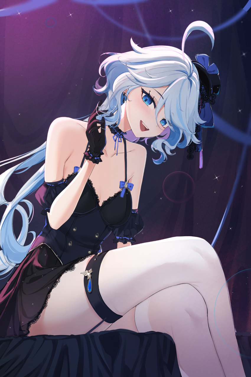 1girl cleavage dress feint721 furina_(genshin_impact) genshin_impact light_blue_hair looking_at_viewer open_mouth smile solo