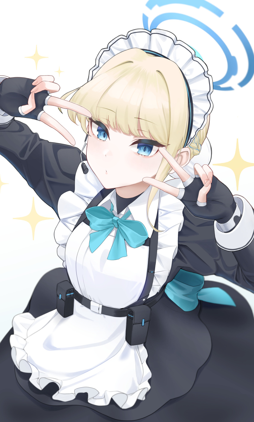 1girl absurdres apron black_dress black_gloves blonde_hair blue_archive blue_bow blue_bowtie blue_eyes blue_hair blue_halo blunt_bangs bow bowtie braid commentary_request double_v dress earpiece expressionless fingerless_gloves french_braid gloves halo hands_up highres long_sleeves looking_at_viewer maid maid_apron maid_headdress mintz912 multicolored_hair puffy_long_sleeves puffy_sleeves simple_background single_sidelock solo streaked_hair toki_(blue_archive) upper_body v white_apron white_background