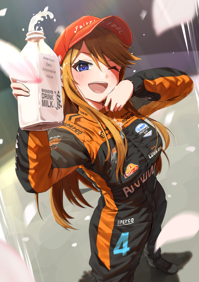 1girl ;d absurdres black_jumpsuit blue_eyes bottle brand_name_imitation breasts brown_hair chevrolet commission cosplay english_text highres holding holding_bottle idolmaster idolmaster_million_live! indycar_series jumpsuit kaiso_(kaisooekaki) large_breasts long_hair long_sleeves looking_up mclaren milk milk_bottle one_eye_closed orange_jumpsuit pato_o'ward pato_o'ward_(cosplay) racing_suit real_life red_headwear shoes skeb_commission smile solo sparco teeth tokoro_megumi upper_teeth_only