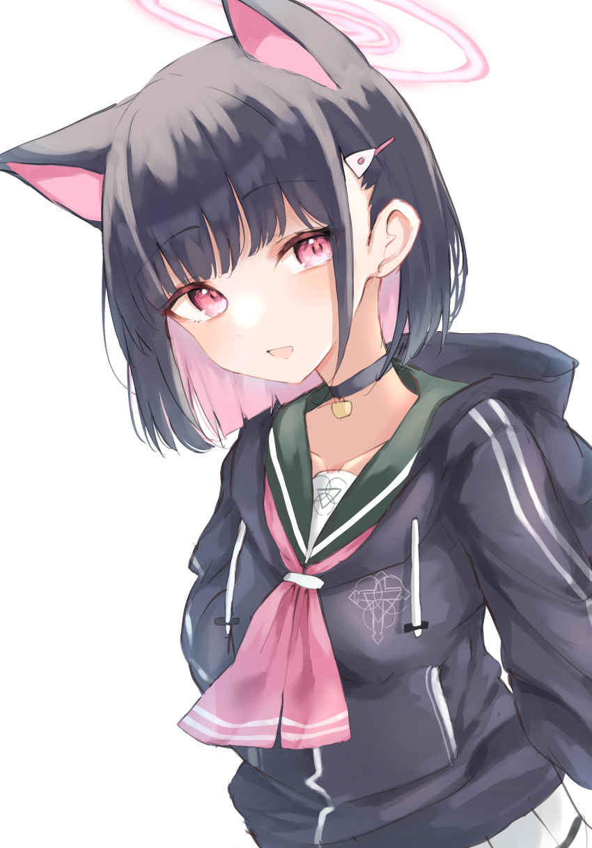 1girl animal_ears arms_behind_back black_choker black_hair black_hoodie blue_archive breasts cat_ears choker collarbone colored_inner_hair commentary_request extra_ears green_sailor_collar hair_ornament hairclip halo highres hood hood_down hoodie kazusa_(blue_archive) long_sleeves looking_at_viewer medium_breasts multicolored_hair neckerchief noko_(nco029685627) open_mouth pink_eyes pink_hair pink_halo pink_neckerchief sailor_collar short_hair simple_background solo upper_body white_background