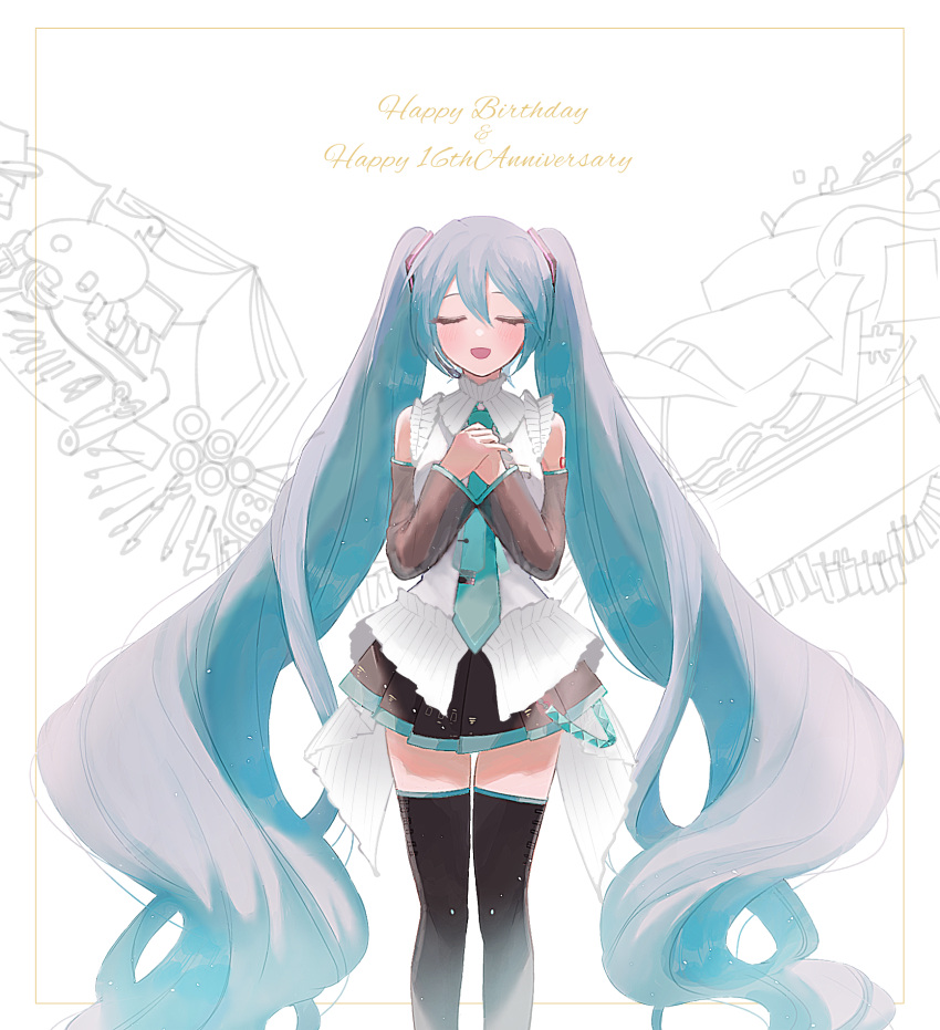 1girl :d absurdly_long_hair awahuji_miyuki bare_shoulders belt black_skirt black_thighhighs blue_hair blue_necktie blush closed_eyes collared_shirt commentary facing_viewer grey_shirt hair_between_eyes hair_ornament happy_anniversary happy_birthday hatsune_miku hatsune_miku_happy_16th_birthday_-dear_creators- highres legs_apart long_hair loose_belt miniskirt necktie number_tattoo open_mouth pleated_skirt raised_eyebrows shirt sidelocks simple_background skirt sleeveless sleeveless_shirt smile solo straight-on tattoo thigh-highs thigh_gap tie_clip twintails very_long_hair vocaloid white_background zettai_ryouiki