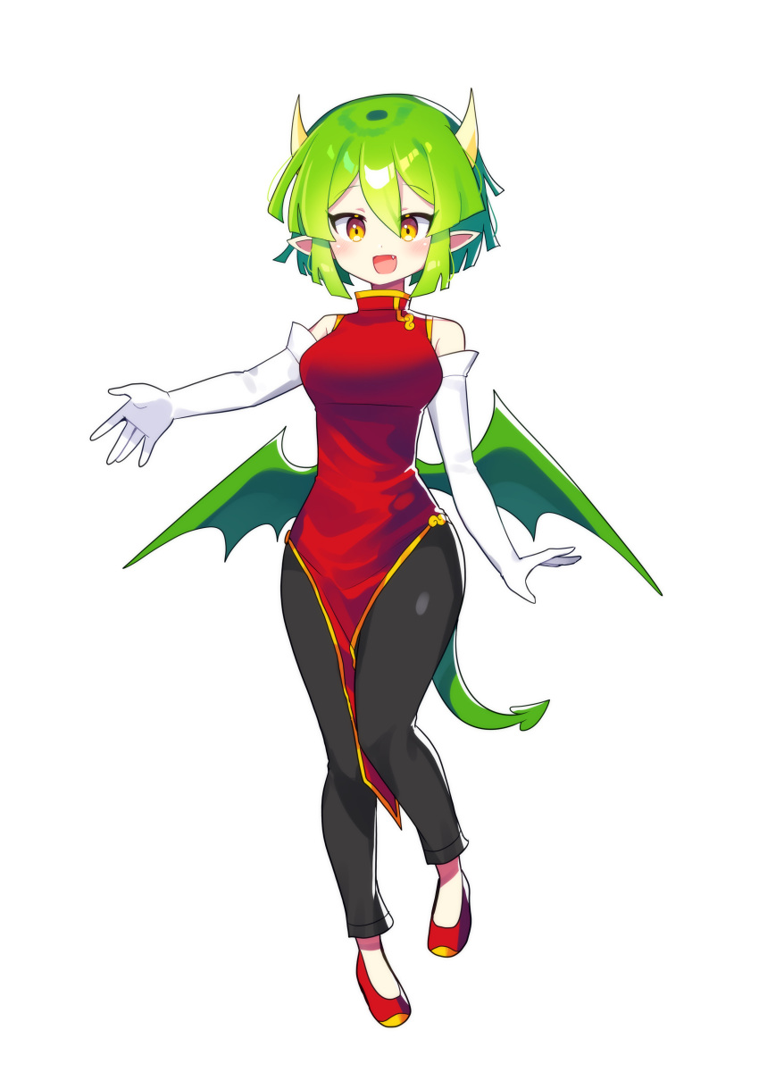1girl absurdres black_pants blush breasts brown_eyes china_dress chinese_clothes draco_centauros dragon_girl dragon_horns dragon_tail dragon_wings dress elbow_gloves fang full_body gloves green_hair highres horns large_breasts looking_at_viewer offbeat open_mouth pants puyopuyo red_dress red_footwear simple_background sleeveless sleeveless_dress smile solo tail white_background white_gloves wings