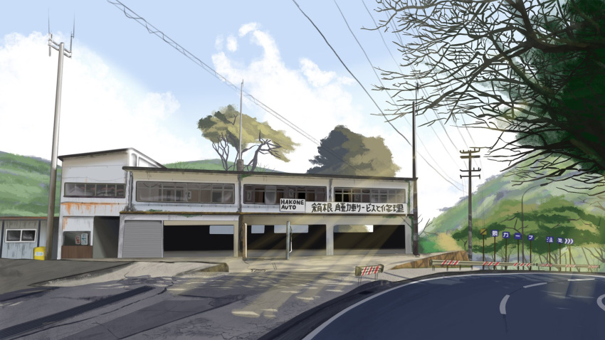 building clouds commission english_commentary garage highres no_humans original outdoors power_lines road scenery sei_illustrations shadow sky tree