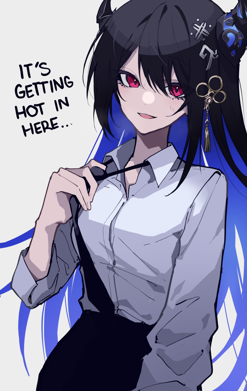 1girl absurdres adjusting_clothes adjusting_necktie alternate_costume asymmetrical_horns black_hair black_necktie blue_hair breasts collared_shirt colored_inner_hair demon_horns dress_shirt english_commentary english_text hair_ornament highres hololive hololive_english horns large_breasts long_hair long_sleeves looking_at_viewer mentally_deficient mole mole_under_eye multicolored_hair necktie nerissa_ravencroft office_lady parted_lips red_eyes shirt simple_background slit_pupils solo straight_hair two-tone_hair uneven_horns very_long_hair virtual_youtuber white_background white_shirt