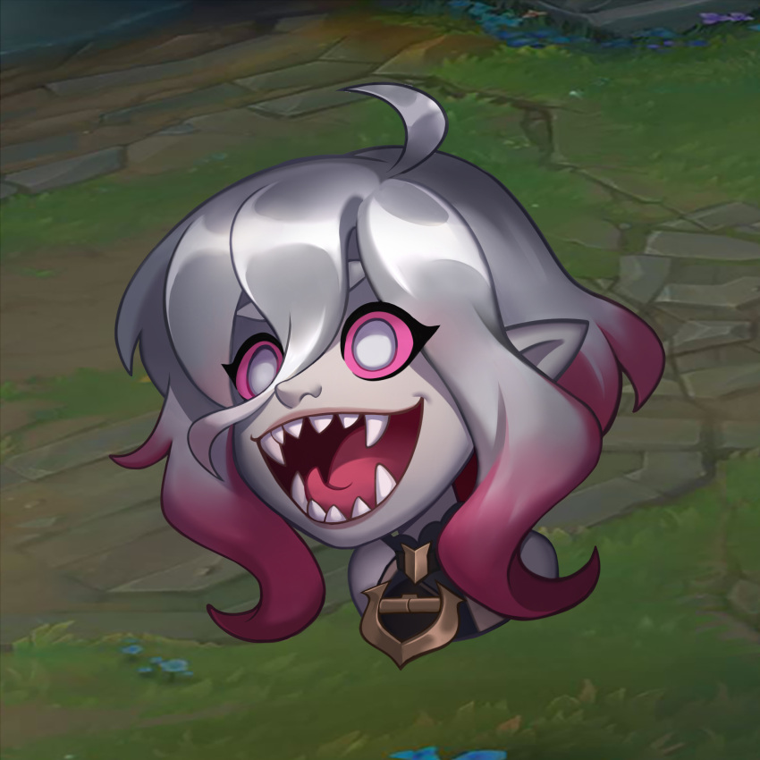 1girl :d ahoge bare_shoulders briar_(league_of_legends) colored_sclera cropped_shoulders fangs grey_eyes grey_hair hair_between_eyes highres league_of_legends official_art open_mouth outdoors pink_hair pink_sclera sharp_teeth smile solo stella_chen_yui teeth tongue