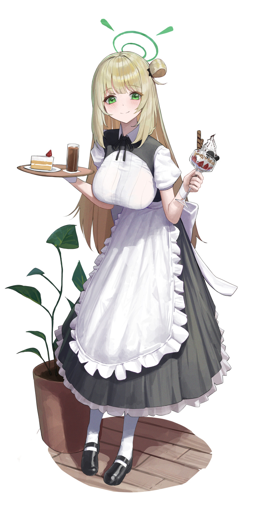 1girl absurdres alternate_costume apron black_dress black_footwear black_ribbon blonde_hair blue_archive blunt_bangs blush breasts cake cake_slice closed_mouth collared_dress commentary_request cup dress food green_eyes green_halo hair_bun halo highres holding holding_cup holding_tray hwan_(verypoor) ice_cream large_breasts loafers long_hair looking_at_viewer maid maid_apron neck_ribbon nonomi_(blue_archive) plant potted_plant ribbon shoes simple_background single_hair_bun single_side_bun smile solo standing sundae tray white_apron white_background white_wristband