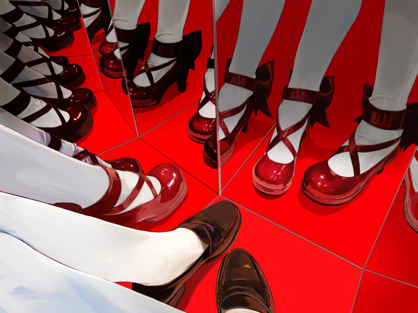 6+girls absurdres bow brown_footwear footwear_bow high_heels highres house_of_mirrors lower_body mihifu mirror multiple_girls original pantyhose red_bow red_footwear shoes white_pantyhose