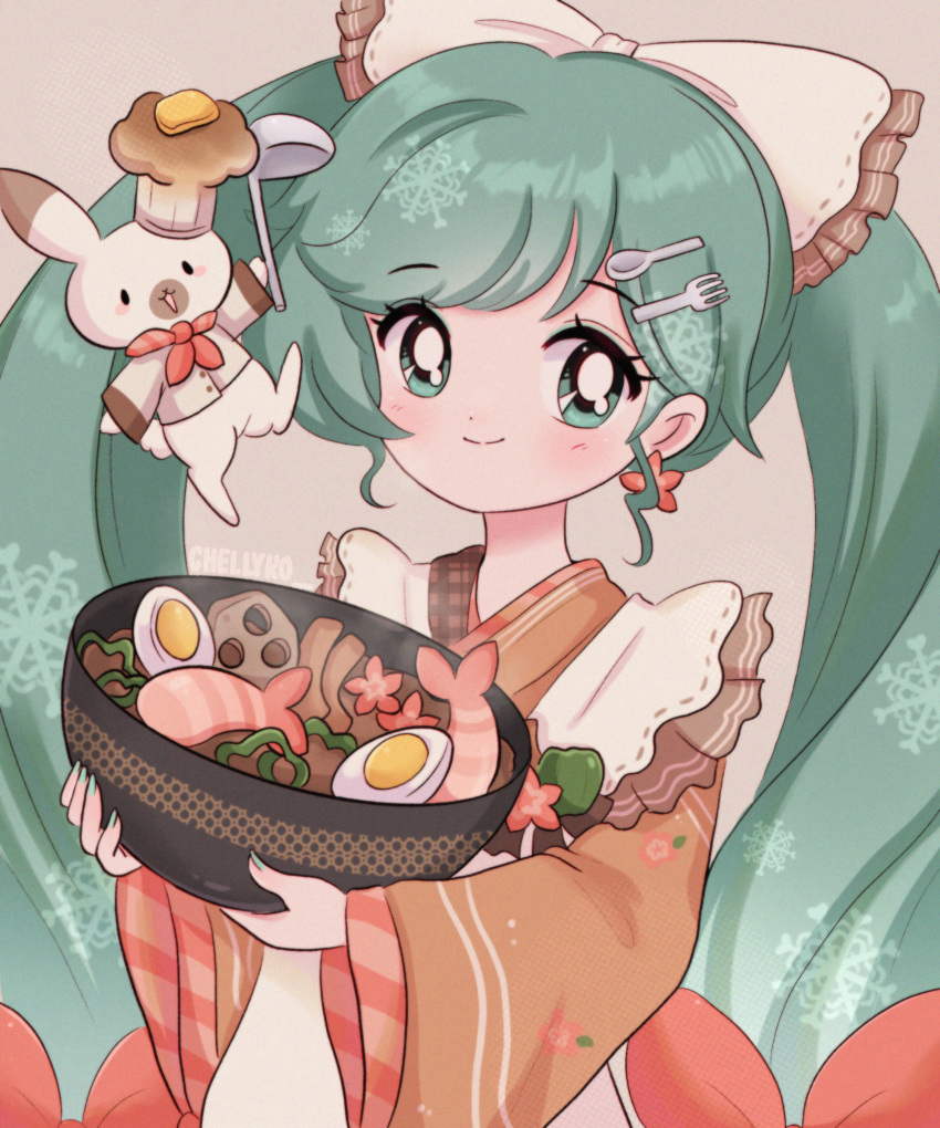 1990s_(style) 1girl animal apron blue_eyes blue_hair blush bow bowl chef_hat chelly_(chellyko) commentary earrings egg_(food) english_commentary flower flower_earrings food food-themed_clothes fork_hair_ornament hair_bow hat hatsune_miku highres holding holding_bowl japanese_clothes jewelry kappougi kimono long_hair long_sleeves looking_to_the_side rabbit rabbit_yukine retro_artstyle shrimp smile snowflakes solo spoon_hair_ornament steam twintails upper_body vocaloid yuki_miku yuki_miku_(2024)