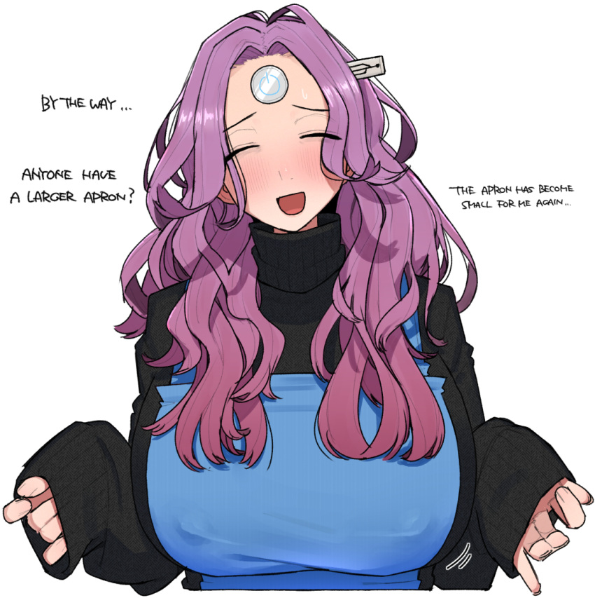 1girl apron blush breasts english_text large_breasts long_hair looking_at_viewer ohasi open_mouth original pc_(ohasi) purple_hair simple_background sleeves_past_wrists solo sweater turtleneck upper_body usb white_background