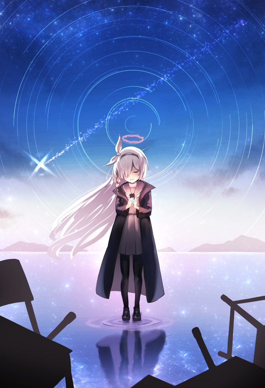 1girl absurdres black_coat black_pantyhose black_serafuku blue_archive braid closed_eyes clouds coat commentary_request crying full_body hair_ribbon halo highres holding holding_phone long_hair long_sleeves mountainous_horizon nanahoshi_teru neckerchief night night_sky open_clothes open_coat open_mouth outdoors pantyhose phone pink_halo plana_(blue_archive) reflection ribbon school_uniform serafuku shooting_star side_braid sky solo standing star_(sky) star_trail starry_sky very_long_hair water white_hair white_neckerchief white_ribbon