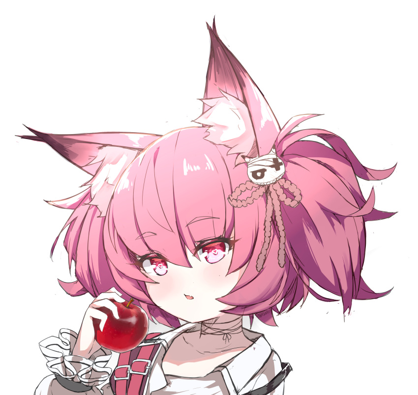 1girl absurdres animal_ear_fluff animal_ears apple arknights bandaged_neck bandages c309657344 collarbone fang food fruit hair_between_eyes hair_ornament heart heart-shaped_pupils highres holding holding_food holding_fruit long_sleeves looking_at_viewer parted_lips pink_hair puffy_long_sleeves puffy_sleeves red_apple shamare_(arknights) shirt simple_background solo symbol-shaped_pupils thick_eyebrows twintails upper_body violet_eyes white_background white_shirt