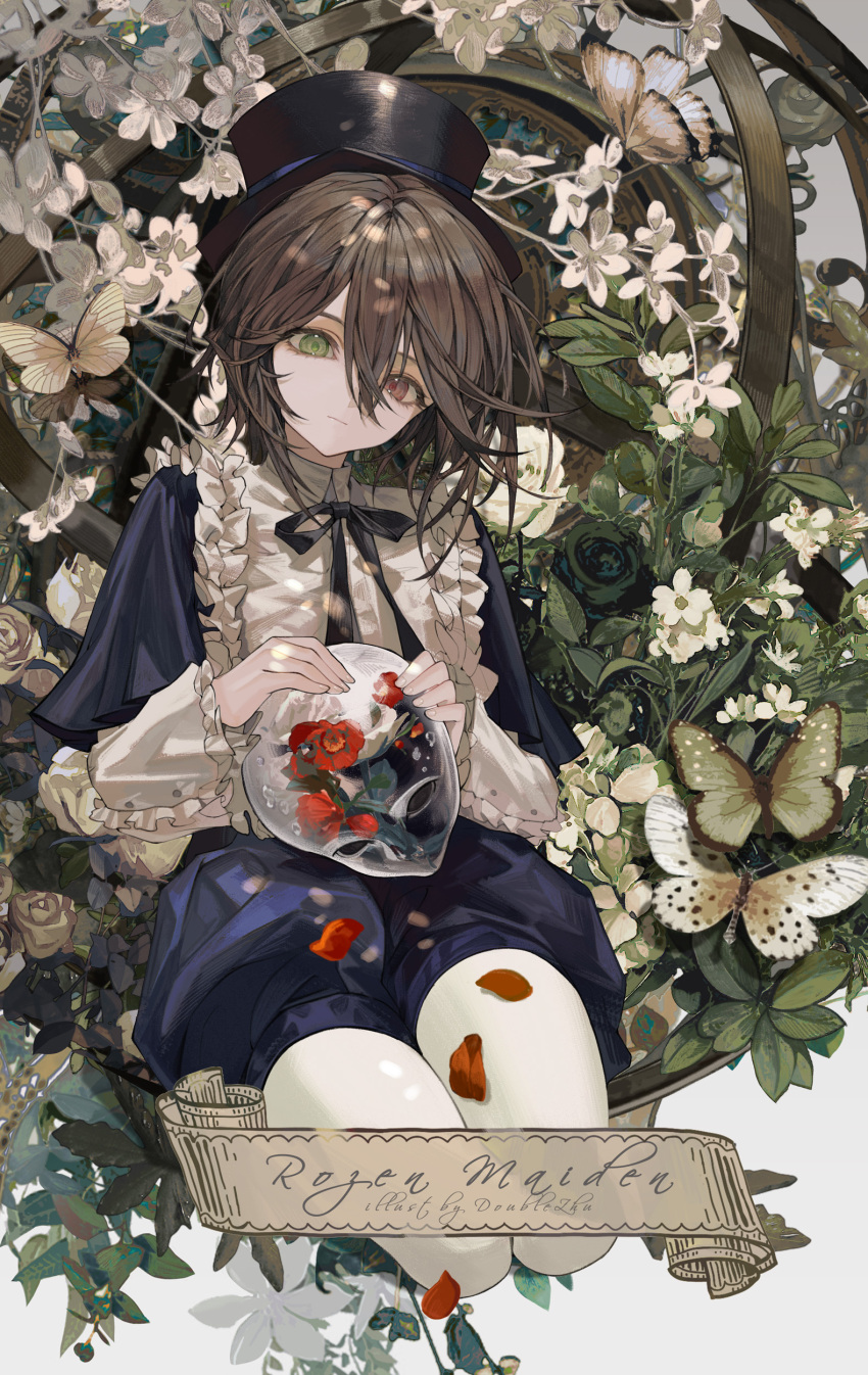 1girl absurdres black_bow black_bowtie black_headwear bow bowtie branch brown_hair bug butterfly closed_mouth fingernails flower green_eyes green_flower hair_between_eyes hat heterochromia highres leaf lolita_fashion looking_at_viewer puffy_sleeves red_eyes red_flower red_petals rose rozen_maiden short_hair sidelocks smile solo souseiseki top_hat white_flower white_rose wide_sleeves youamo