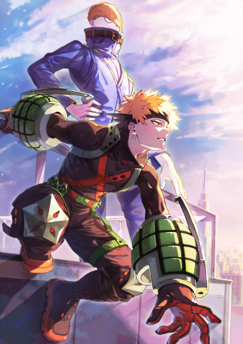 2boys backlighting bakugou_katsuki bangs_pinned_back belt best_jeanist black_footwear black_gloves black_pants blonde_hair blue_eyes blue_pants blue_shirt blue_sky blue_vest blurry blurry_background boku_no_hero_academia boots clouds cloudy_sky colored_shoe_soles combat_boots commentary_request covered_mouth day denim denim_vest depth_of_field diffraction_spikes explosive eye_mask foot_against_wall from_side gloves grenade hand_on_own_hip hand_on_railing hand_up headgear high_collar highres jeans kawaharaaisu knee_boots knee_pads leaning_forward light long_sleeves looking_ahead male_focus mask mask_on_head multiple_boys on_rooftop orange_gloves outdoors outstretched_arms pants parted_lips partial_commentary profile red_eyes sanpaku shirt short_hair sky snap-fit_buckle spiky_hair squatting standing sunlight teacher_and_student vest x