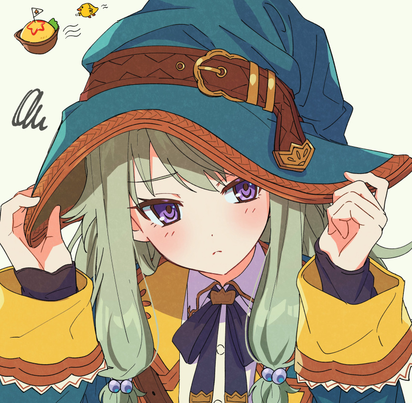 1girl absurdres adjusting_clothes adjusting_headwear atashi-tachi_no_happy_end_(project_sekai) belt belt_buckle blush brown_belt buckle closed_mouth collared_shirt commentary dot_nose flag green_background green_hair hands_up highres kusanagi_nene long_hair long_sleeves low_tied_sidelocks neck_ribbon official_alternate_costume project_sekai ribbon shirt simple_background solo star_(symbol) symbol-only_commentary taro14_tea upper_body violet_eyes