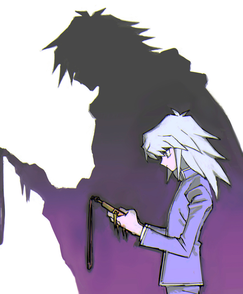 1boy absurdres bakura_ryou buib_(mekako_chan) closed_mouth cowboy_shot different_shadow domino_high_school_uniform expressionless gakuran highres holding holding_jewelry holding_necklace jacket jewelry long_hair long_sleeves male_focus medium_bangs millennium_ring necklace profile purple_jacket school_uniform solo touzokuou_bakura white_background white_hair yu-gi-oh! yu-gi-oh!_duel_monsters