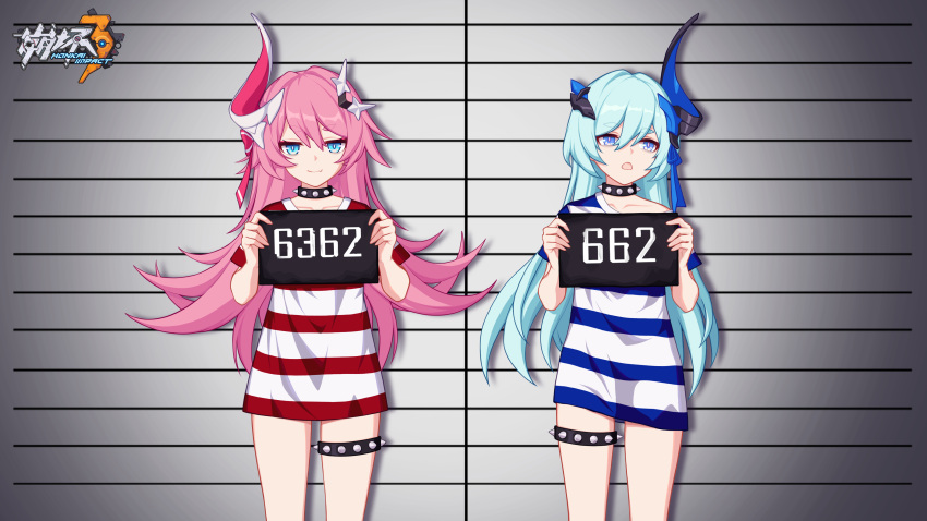 2girls absurdres asymmetrical_horns blue_eyes blue_hair chinese_commentary choker closed_mouth dress hair_ornament height_chart highres holding holding_sign honkai_(series) honkai_impact_3rd horns liliya_olenyeva long_hair looking_at_viewer looking_to_the_side mugshot multiple_girls official_art official_wallpaper pink_hair prison_clothes prisoner rozaliya_olenyeva shirt siblings sign single_horn sisters smile striped striped_dress striped_shirt twins