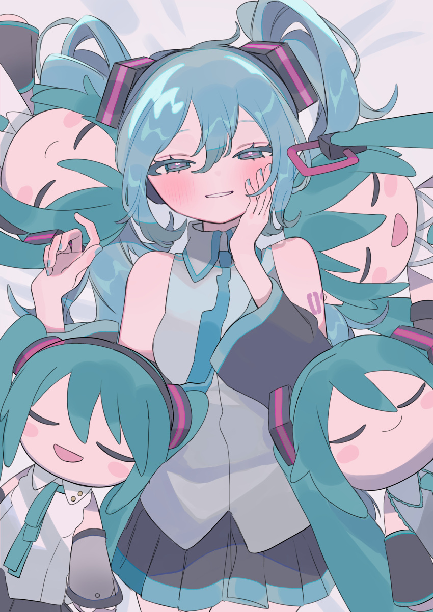 1girl absurdres bare_shoulders blue_hair blue_nails blush character_doll cowboy_shot detached_sleeves grey_eyes grey_shirt hakudaku hand_on_own_cheek hand_on_own_face hatsune_miku highres long_hair looking_at_viewer lying miku_day necktie on_back parted_lips pleated_skirt shirt skirt sleeveless sleeveless_shirt smile solo twintails very_long_hair vocaloid